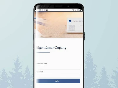 Interaktive Benutzeroberfläche für den Eigentümer-Login auf der Webseite von Günther Grundbesitz, mit grafischen Elementen und Eingabefeldern für Benutzername und Passwort.