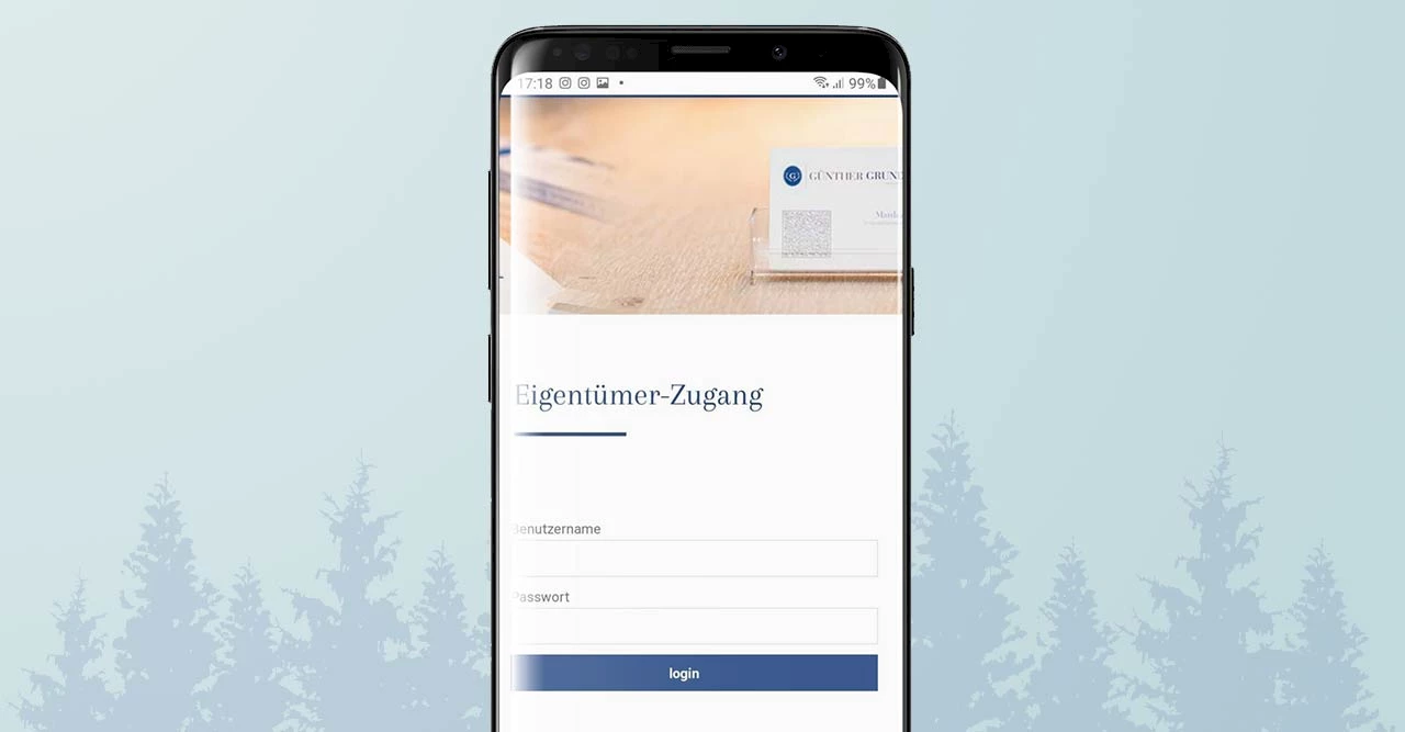 Interaktive Benutzeroberfläche für den Eigentümer-Login auf der Webseite von Günther Grundbesitz, mit grafischen Elementen und Eingabefeldern für Benutzername und Passwort.